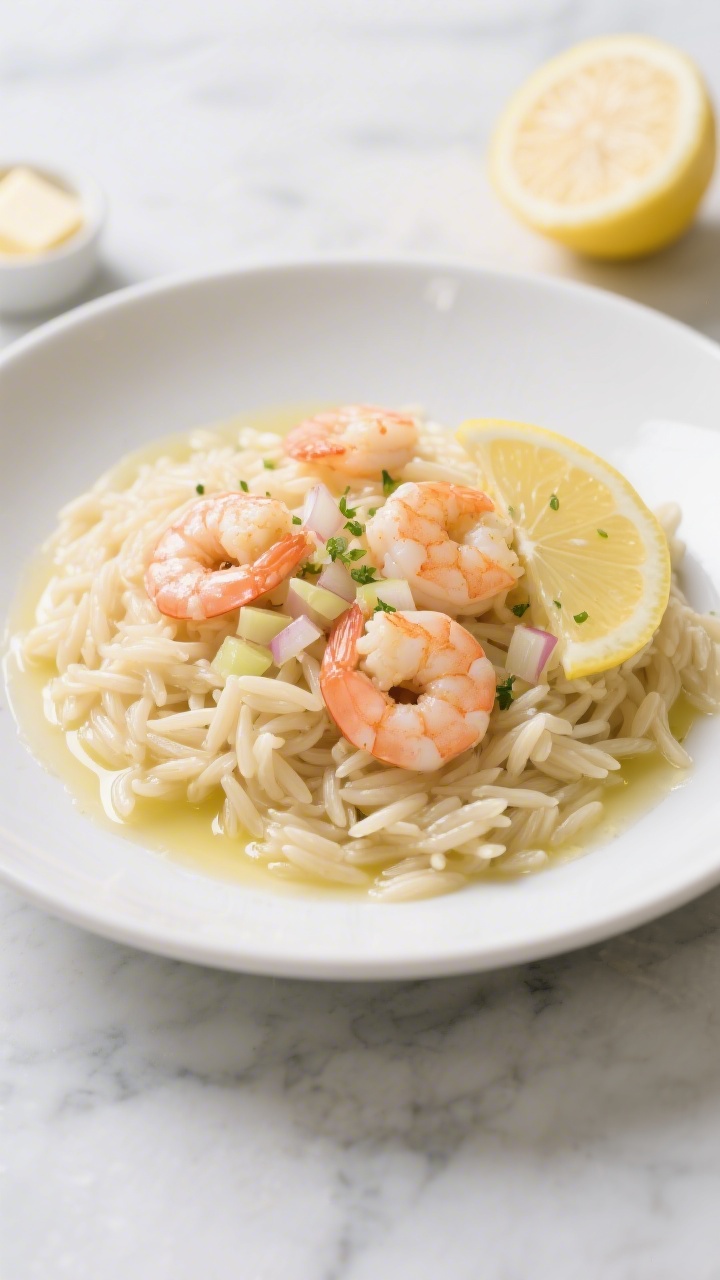 A plated 45-degree angle of lemon butter shrimp orzo: glossy orzo cooked in low-sodium broth swirled with butter and olive oil, plump pink shrimp nestled on top, finely chopped shallot and minced garlic visible among the grains, finished with a bright lemon slice and zest specks; light, silky sauce pooling softly around the orzo; served in a wide white bowl on a marble surface, with a small pat of butter and a halved lemon in the background; elegant yet weeknight-simple, soft highlights and clean styling.