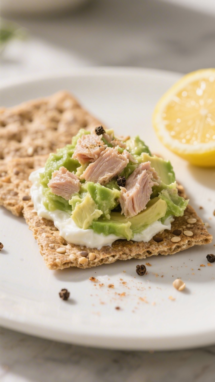 A plated, straight-on snack scene of speedy tuna-avocado smash on whole-grain crackers: chunky tuna mixed with mashed avocado, a touch of Greek yogurt or mayo, lemon juice, garlic powder, and a pinch of salt and pepper, mounded atop seeded crackers; lemon wedge and cracked pepper scattered around, soft natural light accentuating the creamy-green spread and cracker crunch.