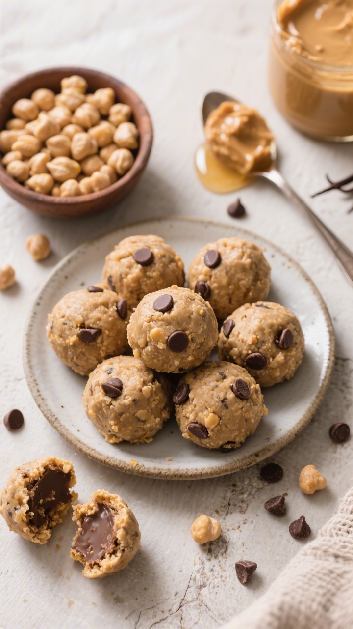 A rustic overhead ingredient-to-finish scene for Peanut Butter Chickpea Cookie Dough Bites: a small plate piled with round, no-bake bites made from chickpeas, natural peanut butter (or sunflower seed butter), honey or maple syrup, vanilla, and mini chocolate chips, a few bites cut open to show the fudgy interior. Surround with a small bowl of rinsed chickpeas, a spoonful of peanut butter, a drizzle of honey, and scattered mini chips. Cozy, dessert-like mood, no people.