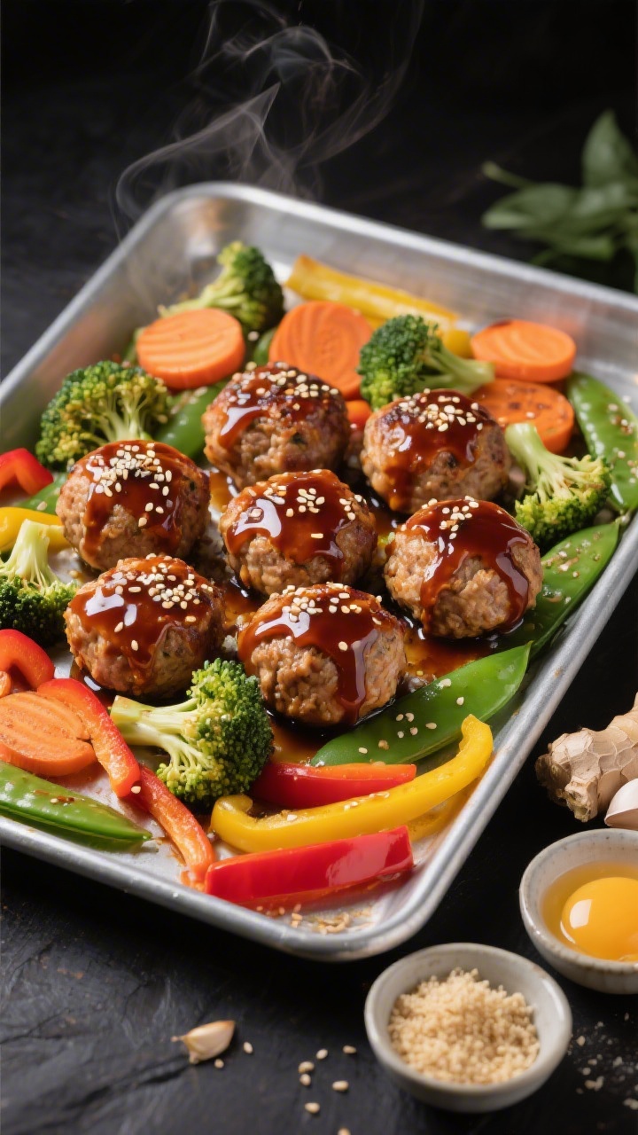 A sheet-pan scene, overhead: glossy teriyaki chicken/turkey meatballs lacquered with sauce, surrounded by rainbow vegetables—broccoli florets, carrot coins, red and yellow bell pepper strips, and snap peas—roasted to tender-crisp. Highlight sesame seeds on the meatballs, and brush marks of sauce. Include small bowls holding grated ginger, grated garlic, panko breadcrumbs, and a beaten egg off to the side for story. Clean metal pan on a dark backdrop, saturated colors, steam subtly visible.