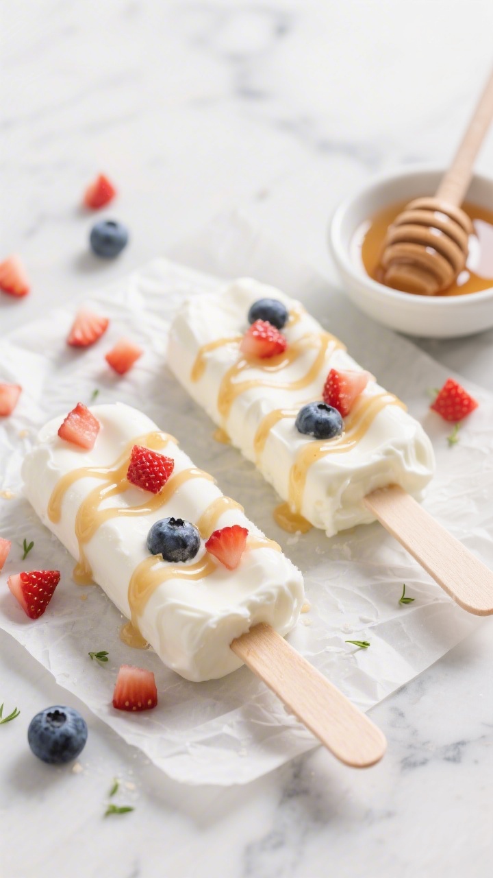 A straight-on close-up of yogurt parfait pops on parchment: creamy full-fat Greek yogurt swirled with a drizzle of honey and vanilla, studded with tiny diced strawberries and blueberries, frozen on wooden sticks. Frosty texture on the pops, a small dish of maple syrup to the side (note: honey optional for toddlers), scattered micro-diced fruit on a cool marble surface. Bright, cheerful morning light emphasizing the creamy-white yogurt and vibrant fruit colors.
