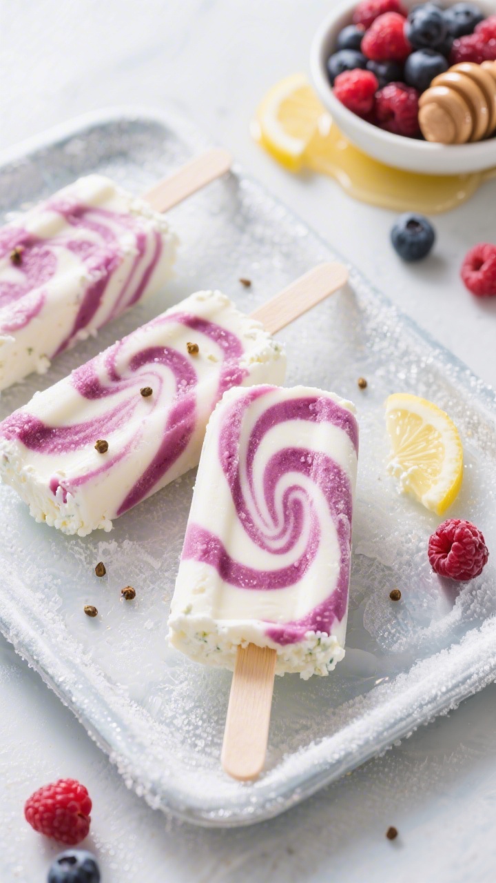 A straight-on frozen treat display of cottage cheese berry swirl popsicles: creamy white and magenta swirls from cottage cheese, Greek yogurt, mixed berries, and a touch of honey and lemon, set on a frosty tray with light condensation; a small bowl of mixed berries and a drizzle of honey nearby; bright, playful mood, crisp detail showing tiny berry seeds and smooth swirls.