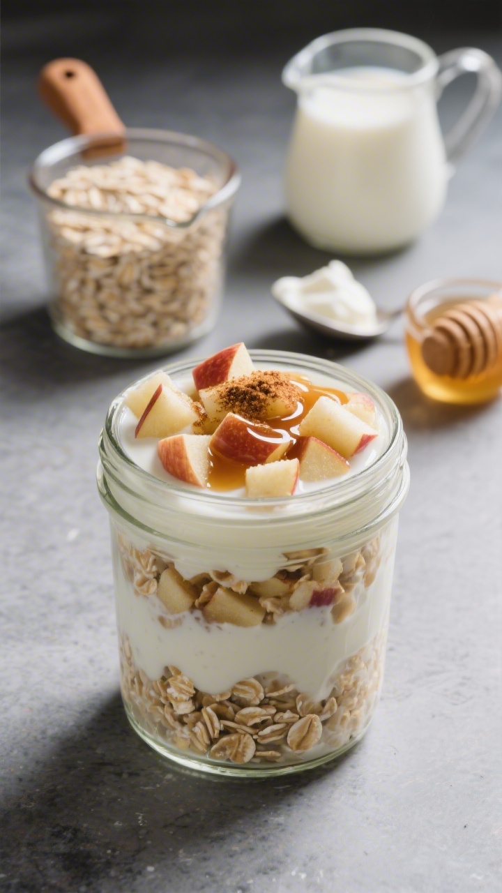 A straight-on jar shot of apple pie overnight oats layered in a clear glass: creamy rolled oats soaked in milk and Greek yogurt, studded with finely diced apple; a swirl of maple syrup glistening on top, a sprinkle of cinnamon, and a few extra apple cubes for texture; set on a cool slate surface with ingredients arranged behind: a measuring cup of oats, a small pitcher of milk (dairy or non-dairy), a spoonful of yogurt, and a tiny pot of honey; soft diffused morning light, cozy dessert-for-breakfast vibe