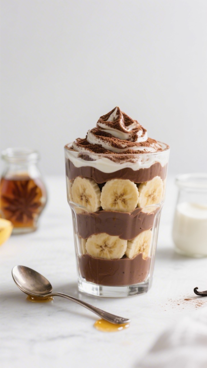 A straight-on parfait shot in a clear glass: chocolate banana Greek yogurt parfait with thick, cocoa-laced Greek yogurt swirled with a touch of honey, layered with coin slices of ripe banana and a finishing dust of cocoa on top; a spoon resting nearby with a drip of yogurt; maple syrup jar and vanilla bottle subtly blurred in the background; clean, bright studio lighting for a dessert-like yet wholesome look.