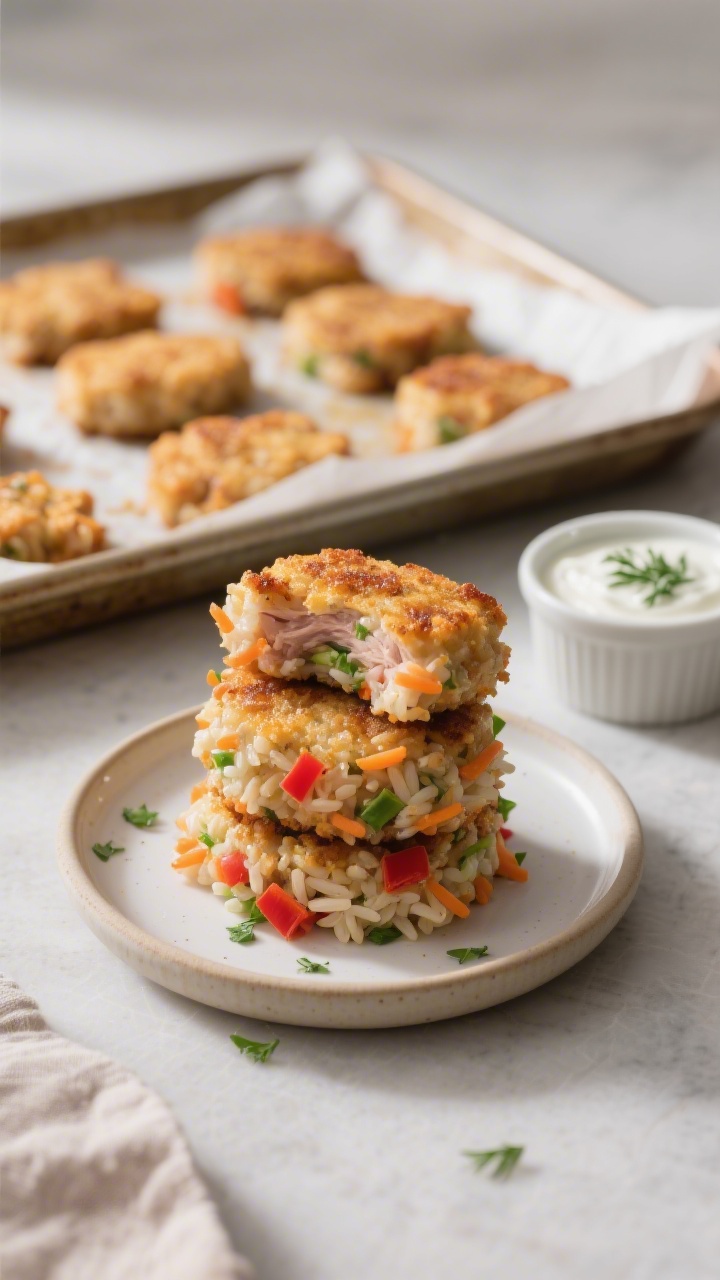 A straight-on plated presentation of rainbow turkey rice nuggets stacked on a small toddler-friendly plate, golden seared exteriors with visible bits of cooked brown rice, finely grated carrot, very finely chopped red bell pepper, and green flecks of herbs; a small ramekin of yogurt-dill dipping sauce nearby; background includes a sheet pan with additional nuggets on parchment to hint at batch meal prep; soft side lighting to emphasize crisp texture and colorful interior.