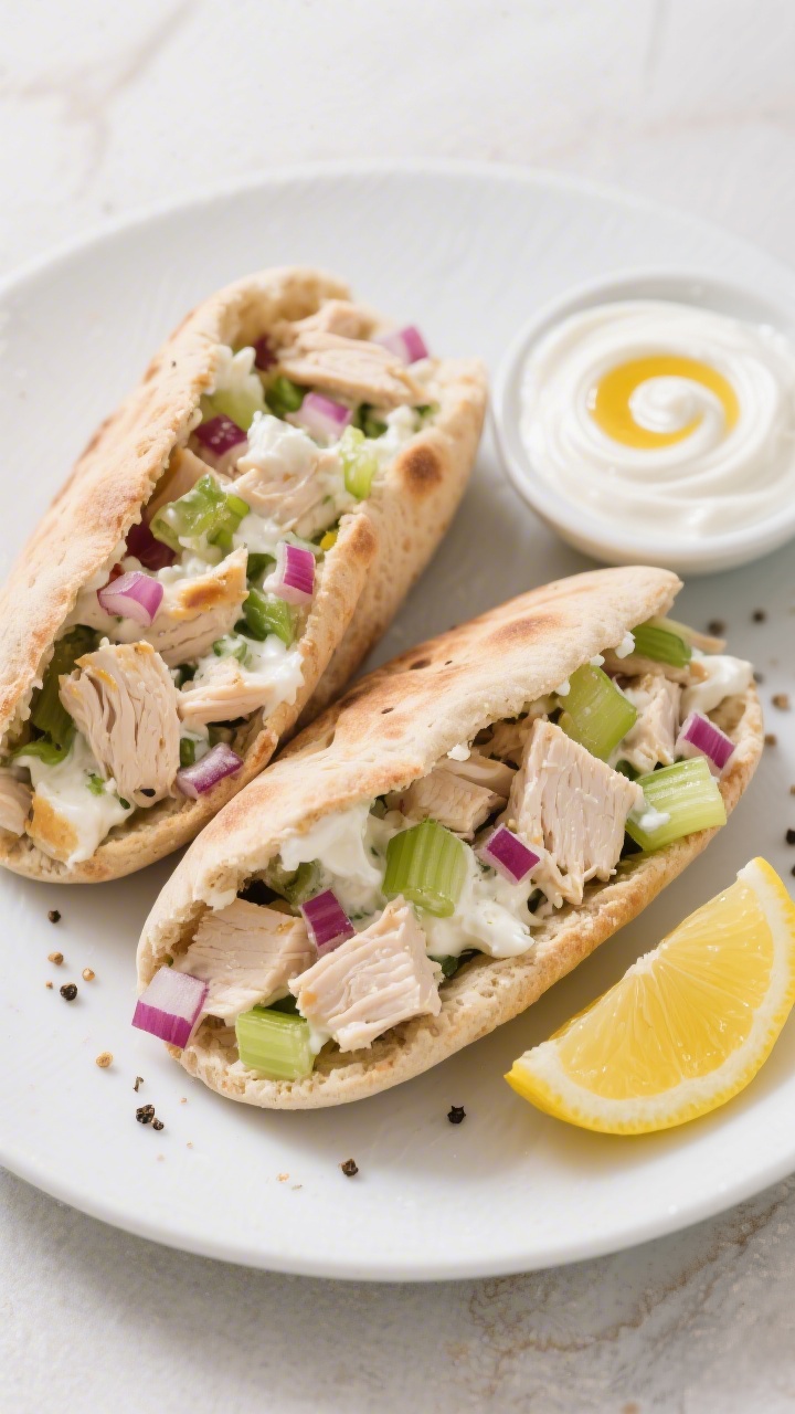 A straight-on plated shot of Supercharged Greek Yogurt Chicken Salad stuffed in whole wheat pitas: diced cooked chicken bound with plain Greek yogurt, Dijon mustard, lemon juice, honey, diced celery, and finely chopped red onion, overflowing from pita halves. Garnish with a squeeze of lemon and cracked pepper. Include a small dish of Greek yogurt with a swirl of Dijon and a wedge of lemon off to the side. Bright, fresh, creamy textures.