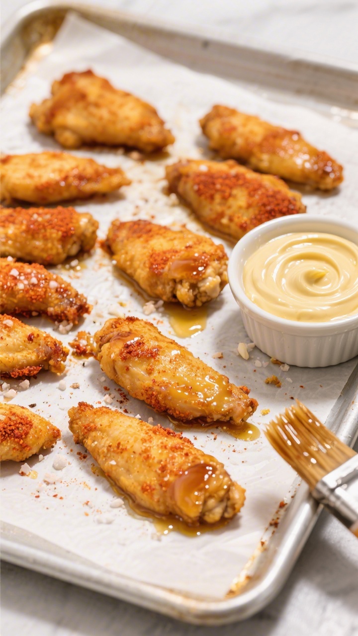 A straight-on sheet-pan bake of chicken tenders with honey-mustard dip: golden-brown, oven-crisped chicken tenders (paprika-dusted) arranged on parchment, visible coarse salt and garlic powder speckles; a small ramekin of creamy honey-Dijon dip (mayonnaise, Dijon) with a glossy swirl; a brush glazed with a hint of sauce nearby; warm, crunchy textures emphasized, clean metal sheet reflections, kid-appeal styling with simple, neat presentation and no clutter.