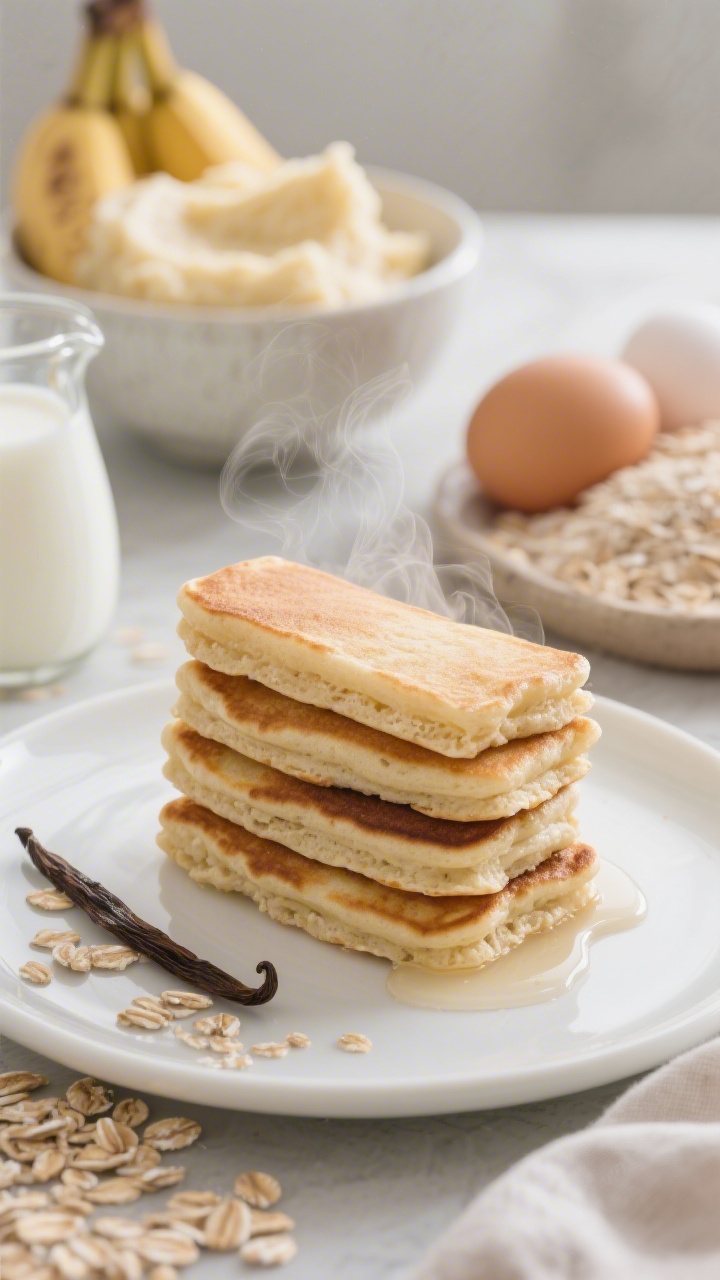 A straight-on shot of creamy banana-oat pancake fingers stacked neatly on a small white plate, steam subtly rising, the tender crumb showing blended rolled oats and banana; a drizzle of nothing (no added sugar) but with vanilla pod, a pinch of cinnamon, and a tiny pitcher of milk of choice nearby; ingredients staged behind: very smooth mashed ripe bananas in a bowl, eggs, oats, baking powder; clean, airy morning light.