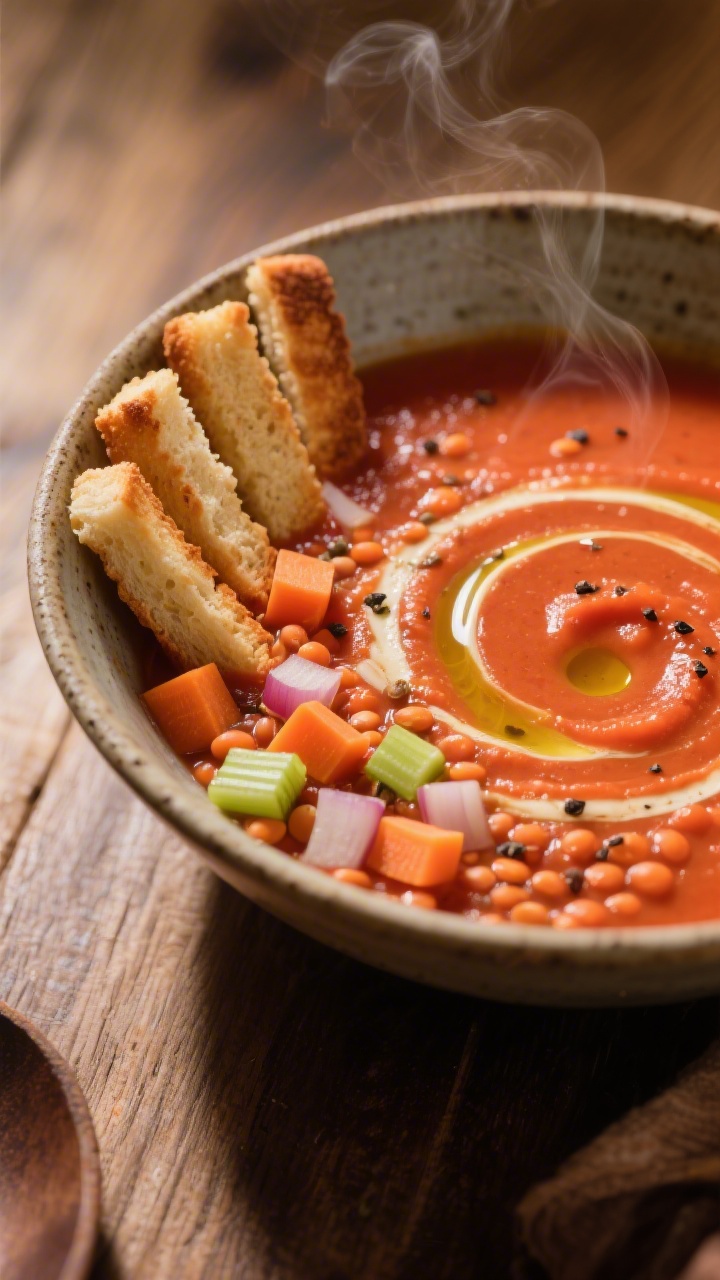 A warm, inviting bowl shot of creamy lentil tomato soup served with tiny toast dippers: velvety red-orange soup made from red lentils and no-salt-added tomatoes, with softened bits of onion, carrot, and celery blended smooth; a light swirl of olive oil on the surface and a pinch of black pepper. Arrange bite-sized toast sticks on the rim and a few diced carrot and celery pieces as garnish. Photographed at a 45-degree angle, steam visible, rustic ceramic bowl on a wooden table, cozy mood.