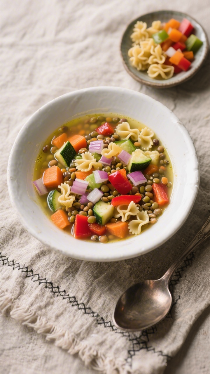 An overhead bowl shot of rainbow lentil veggie soup with tiny pasta, vibrant and brothy: finely diced onion, carrot, zucchini, and red bell pepper visible among tender lentils and small pasta shapes, with a light sheen of olive oil on the surface; served in a wide white bowl on a rustic linen, a spoon to the side, and a small dish of extra diced veggies and uncooked tiny pasta as garnish props; cozy, inviting mood.