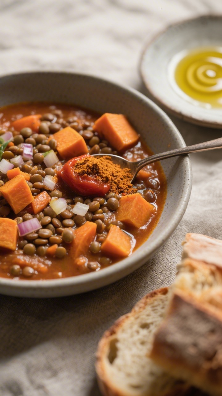 An overhead, cozy bowl shot of lentil sweet potato stew, thick and spoonable, showcasing orange sweet potato cubes, tender brown lentils, finely chopped onion and carrot, all in a warmly spiced tomato base. A dollop of tomato paste on a spoon, a pinch pile of mild curry powder (or cumin and paprika) on a small dish to the side, swirl of olive oil on the surface for sheen. Served in a matte ceramic bowl on a rustic linen, with a crusty bread slice nearby. Warm, diffuse lighting emphasizing comfort and nourishment.
