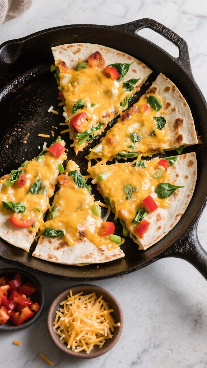 An overhead cut-scene of cheesy veggie quesadilla wedges: a large flour tortilla folded and pan-toasted in butter until blistered and golden, oozing with melted shredded cheddar and Monterey Jack, with finely chopped bell pepper and baby spinach speckled throughout. The quesadilla is sliced into triangular wedges on a dark cast-iron skillet; a small bowl of extra grated cheese and a pinch bowl of chopped peppers nearby. Crisp edges, gooey center, vibrant green and red pops, inviting weeknight-fast energy.
