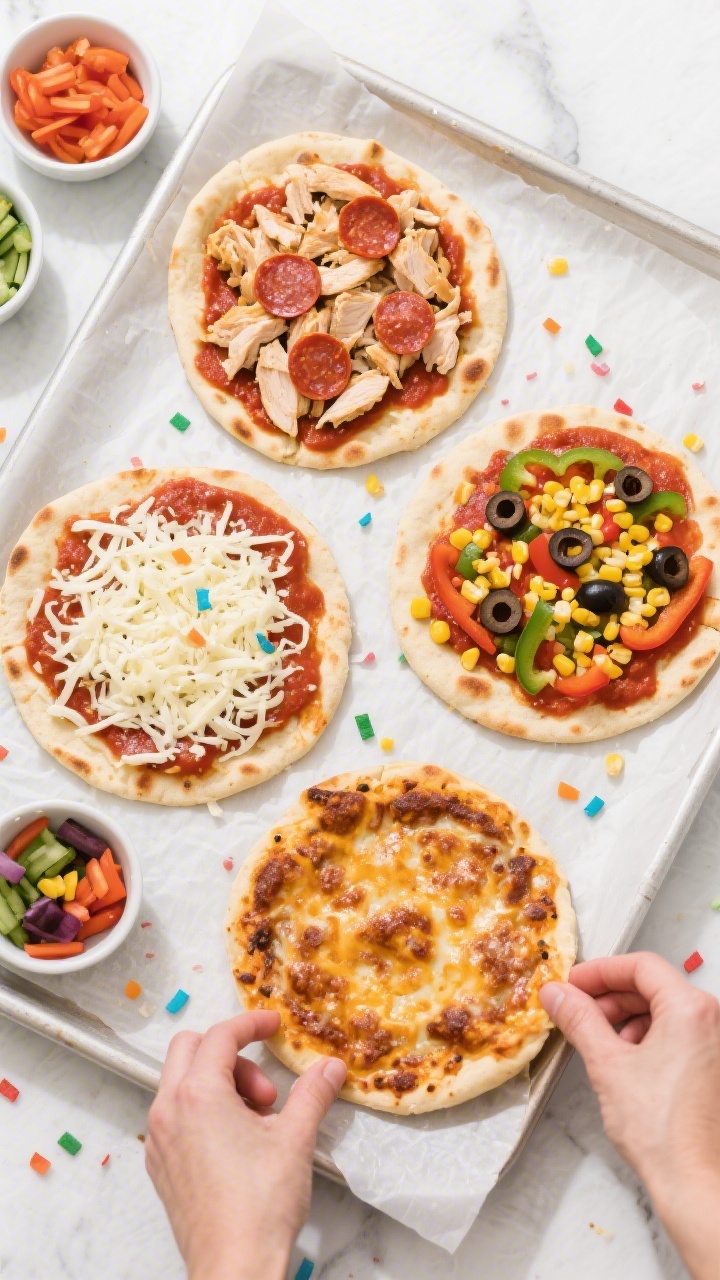 An overhead flat lay of DIY pizza naan with veggie confetti: four naan rounds on a parchment-lined baking sheet, each spread with pizza sauce/marinara, topped with shredded mozzarella, optional mini pepperoni on one, diced cooked chicken on another, finely chopped bell peppers, sliced olives, and sweet corn sprinkled like confetti. One naan mid-assembly, one fully baked with bubbly browned cheese, and small bowls of the toppings arranged around for a playful, colorful composition; no hands, crisp, bright styling.