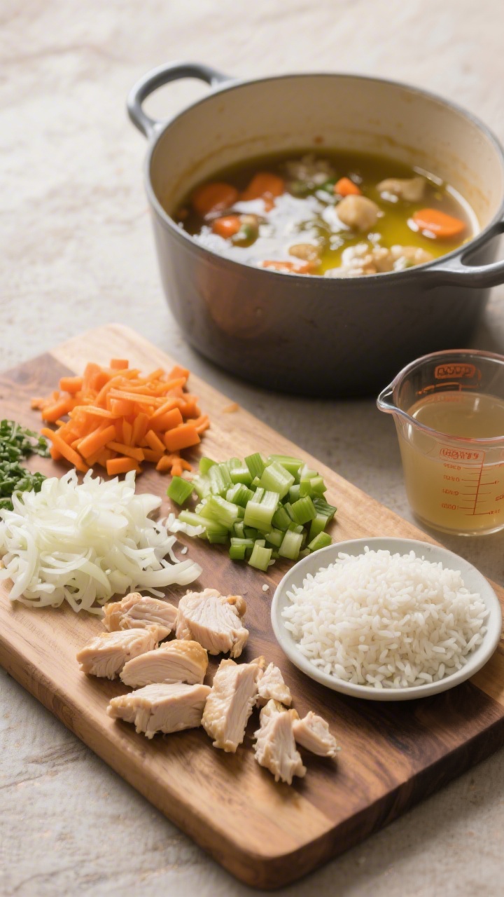An overhead ingredient-prep shot for cozy chicken, rice, and carrot stew (no-chop shortcut): finely grated onion, diced or grated carrots, optional diced celery, a small dish of minced garlic, raw white rice, and bite-size pieces of cooked chicken arranged neatly on a wooden board. Include a pot with a sheen of olive oil ready for sautéing, and a measuring cup of low-sodium broth off to the side. Soft, homey mood with practical mise en place, emphasizing the shortcut, no-fuss vibe.
