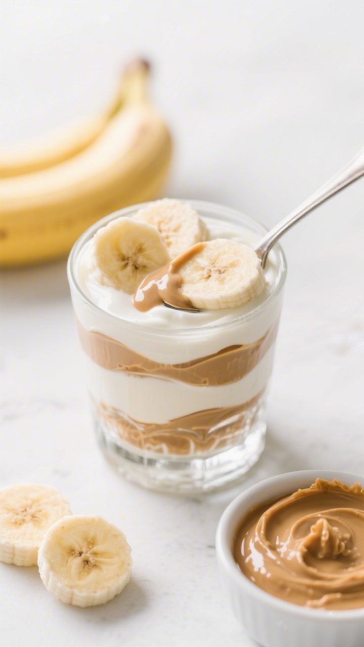 An overhead ingredient-to-assembly shot of a peanut butter banana yogurt parfait in a small clear glass: layers of plain whole-milk (or slightly loosened Greek) yogurt swirled with creamy peanut butter, topped with very ripe banana slices; a tiny drizzle-ready spoon rests on the rim, with a small bowl of peanut butter and extra banana rounds nearby; soft, spoonable textures emphasized with clean, bright styling