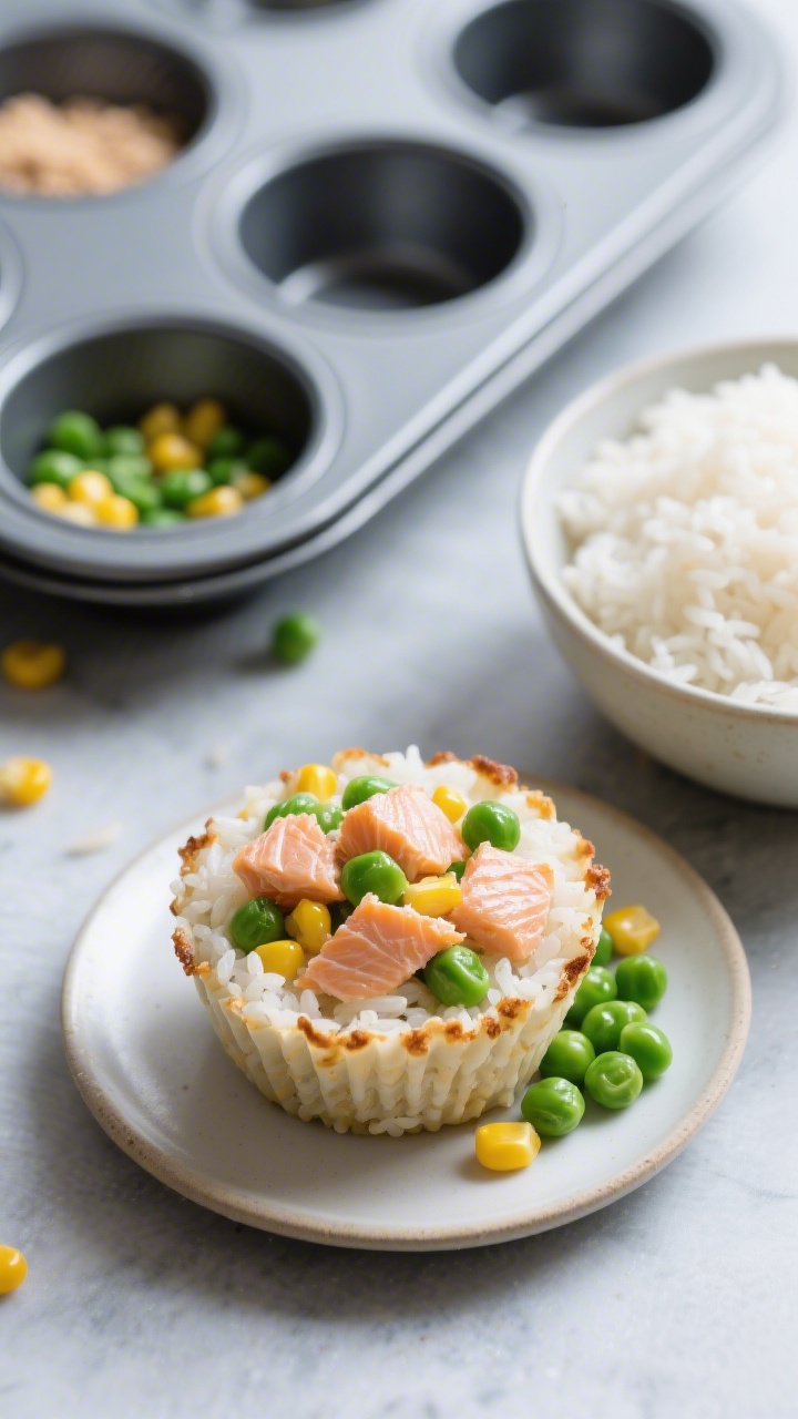 An overhead muffin-tin ingredient-to-final layout of salmon, pea, and sweet corn rice cups: short-grain rice pressed into cup shapes, filled with flaked canned salmon, bright green peas, and sunny sweet corn kernels, lightly browned edges. One cup plated on a small saucer with extra peas and corn scattered nearby, and a bowl of fluffy cooked rice in frame. Cool-toned backdrop, crisp, natural light emphasizing the glossy kernels and flaky salmon, no hands.
