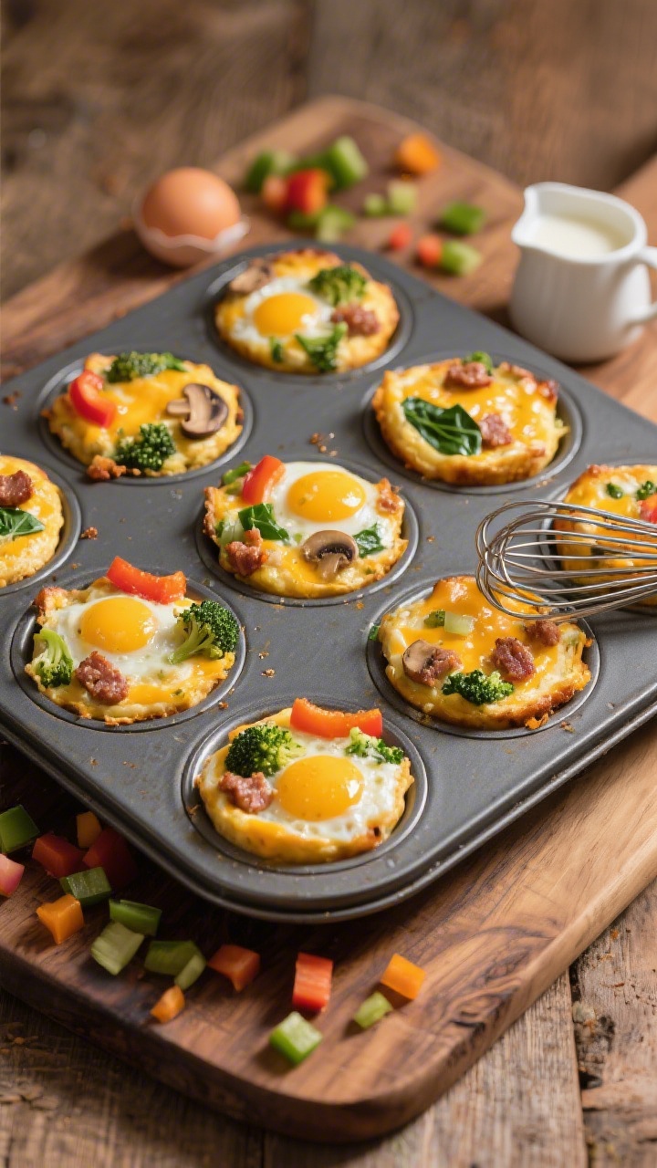 An overhead muffin-tin scene of savory egg muffin minis just out of the oven: golden tops with visible bits of spinach, bell pepper, broccoli, mushrooms, melted cheese, and crumbled turkey sausage; a whisk and small pitcher with egg-milk mixture nearby, scattered chopped veggies on a wooden board; warm, inviting light, focus on the fluffy egg texture and browned cheese edges.