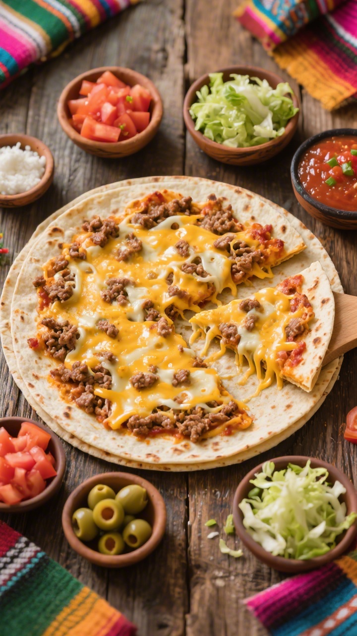 An overhead quesadilla pizza “Taco Tuesday” spread: large flour tortillas cooked crisp and topped like pizzas—layer of seasoned ground beef/turkey (with taco seasoning and a splash of water), melted shredded cheese forming bubbly patches; fun toppings arrayed around in small bowls (diced tomatoes, sliced olives, shredded lettuce, salsa) ready to sprinkle; one slice cut and slightly pulled away to show gooey cheese stretch; bright colors, fiesta mood on a rustic wooden table, sharp focus.