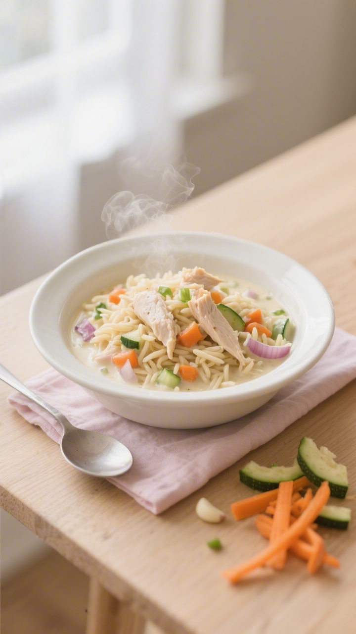 An overhead shot of a cozy, creamy chicken orzo “no-cry comfort bowl” in a shallow white ceramic dish: tender orzo coated in a pale cream sauce with tiny flecks of finely chopped onion, carrot, zucchini, and a hint of minced garlic, shredded chicken folded through, steam rising. Style with a toddler-friendly vibe: small spoon, pastel napkin, and a few raw carrot shreds and zucchini bits scattered on a light wood surface. Soft, natural window light, shallow depth of field, warm tones, no people.