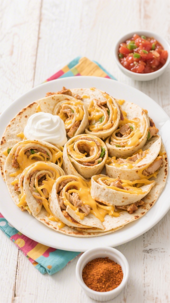 An overhead shot of cheesy chicken quesadilla pinwheels arranged in a spiral on a white platter, gooey shredded cheddar/Mexican blend visibly melting between golden toasted tortilla swirls. Include bowls of mild salsa (well-drained), a dollop of plain Greek yogurt or sour cream for dipping, and a sprinkle of mild taco seasoning in a tiny ramekin. Style on a light wood surface with a kid-friendly, colorful napkin; focus on crisp edges, creamy filling ribbons of chicken and cheese, no people, bright and inviting.