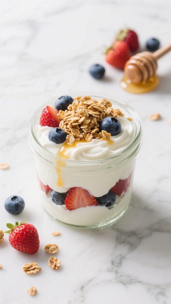 An overhead shot of creamy Greek yogurt parfait cups layered in clear glass jars: thick 2% Greek yogurt mixed with vanilla, drizzles of honey, a vibrant layer of mixed berries (strawberries and blueberries), and a crunchy crown of golden granola on top; extra berries and a honey dipper scattered on a cool marble surface for a bright, fresh breakfast vibe, high-key lighting, crisp focus on textures of yogurt swirls and granola crunch.