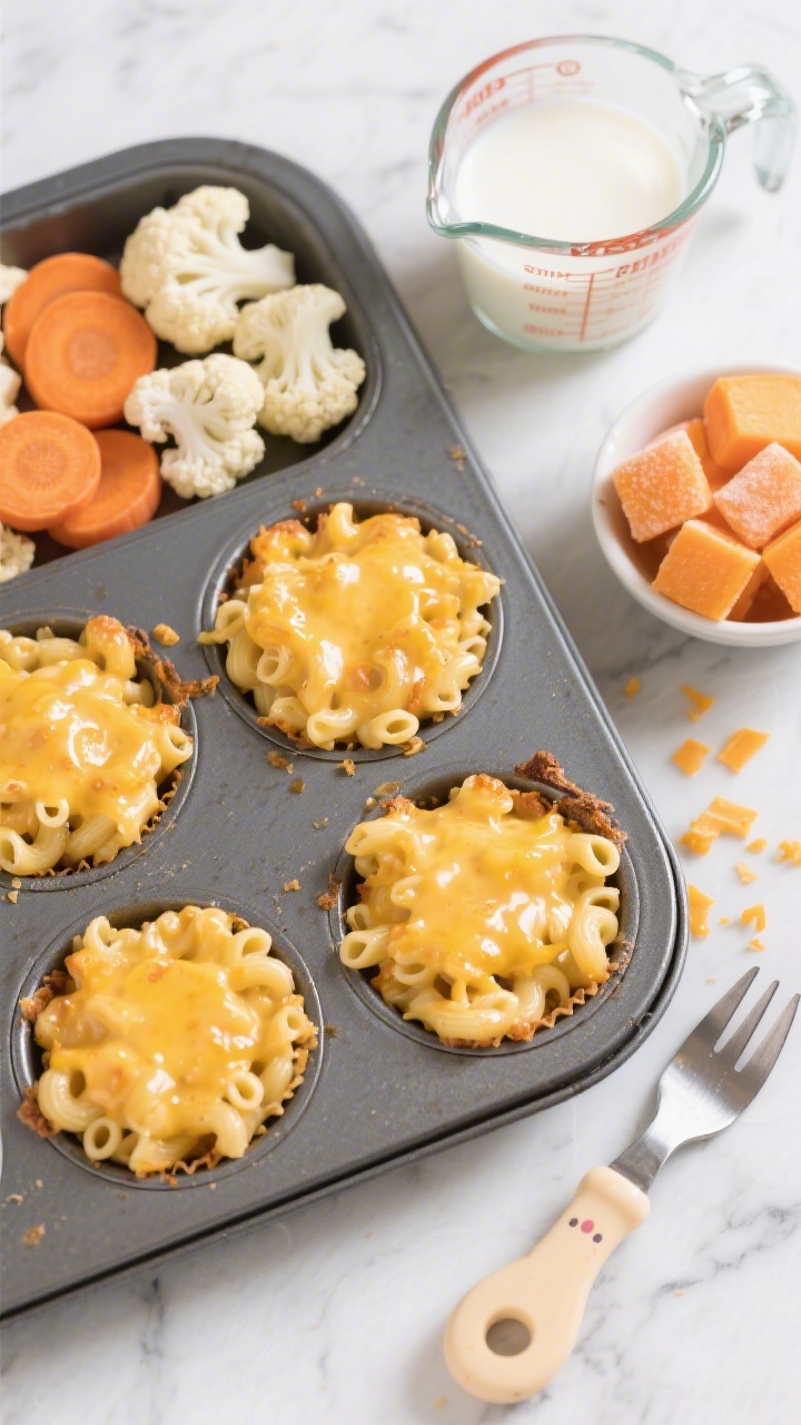 An overhead shot of creamy hidden-veg mac and cheese baked in toddler-size muffin cups, golden and slightly bubbly, with tiny elbows pasta coated in a silky cheese sauce. Beside the pan, show the steamed cauliflower florets, sliced carrot rounds, and a small bowl of frozen butternut squash cubes used to blend into the sauce, plus a splash of whole milk in a measuring cup. Style on a light marble surface with a few crumbs of cheddar and a child-size fork; bright, inviting colors, soft textures, no people.