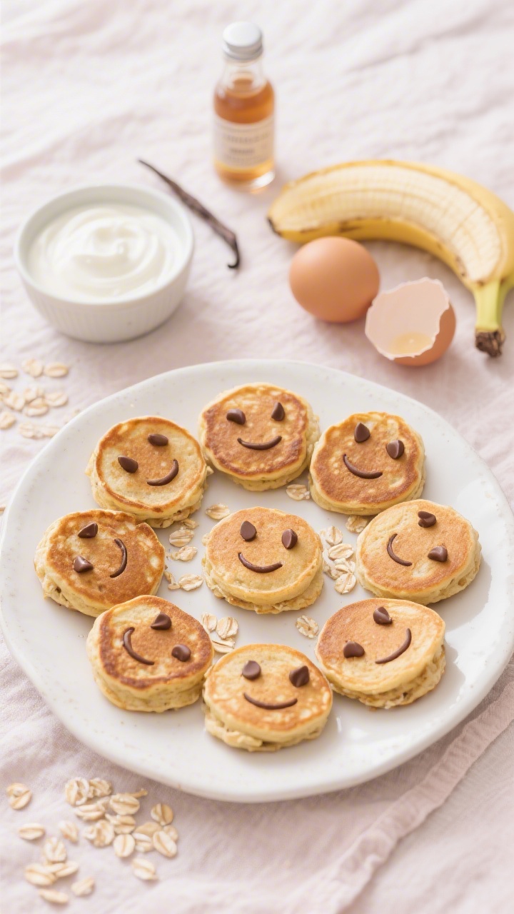 An overhead shot of fluffy banana oat pancake bites arranged in a circle on a white ceramic plate, each mini pancake topped with a few chocolate chips forming smiley faces. Visible texture of quick oats in the golden-brown surface, with a small bowl of plain Greek yogurt and a halved ripe banana nearby, plus a vanilla extract bottle and two cracked eggshells to hint at ingredients. Soft morning light, pastel linen, minimal props, kid-friendly cozy mood.