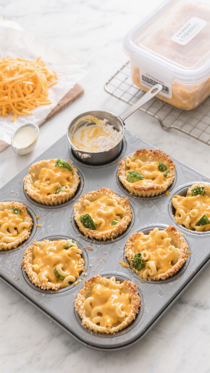 An overhead shot of freezer-friendly mac & cheese veggie cups baked in a nonstick muffin tin, each cup showing creamy elbows bound in a silky cheddar sauce, lightly set and glossy, with a faint breadcrumb sprinkle on top. A small saucepan with roux remnants (butter and flour streaks) and a ladle of warm milk nearby; a mound of finely shredded mild cheddar on parchment. Clean, bright kitchen styling with a cooling rack and labeled freezer-safe containers to the side, evoking batch-prep efficiency.
