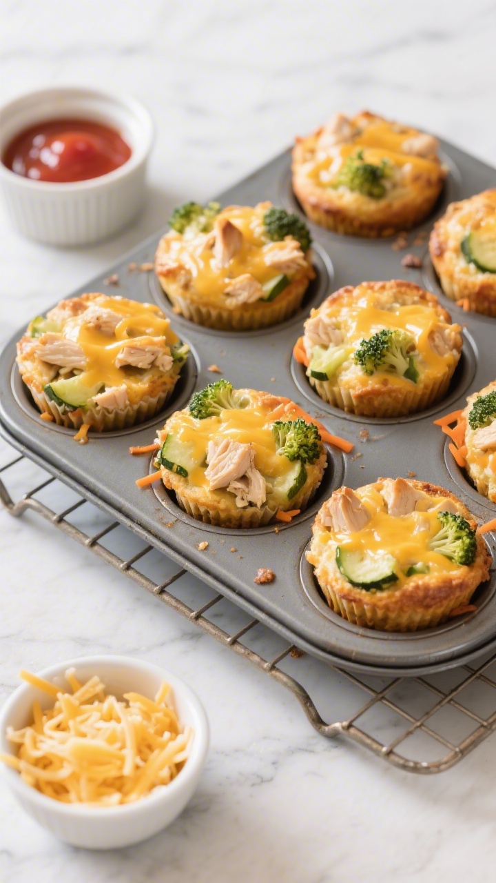 An overhead shot of freshly baked cheesy chicken veggie muffin bites cooling in a muffin tin and on a wire rack, golden and bubbly with melted shredded cheese on top, visible flecks of finely chopped cooked chicken, finely grated zucchini (squeezed dry), steamed broccoli florets, and shredded carrots throughout; a small bowl of extra shredded cheese and a ramekin of ketchup on a light marble surface; soft natural daylight, sharp texture contrast between crisp edges and tender interiors.