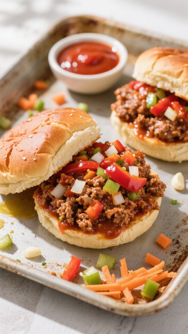 An overhead shot of Sneaky Veggie Turkey Sloppy Joes: toasted burger buns piled with saucy lean ground turkey studded with finely diced onion, red bell pepper, and grated carrot, glossy tomato sauce coating, flecks of minced garlic visible, a light olive oil sheen; styled on a rustic sheet pan with a small bowl of extra tomato sauce and a scattering of finely diced veggies around for color; bright, kid-friendly mood, natural window light, shallow shadows, no people.