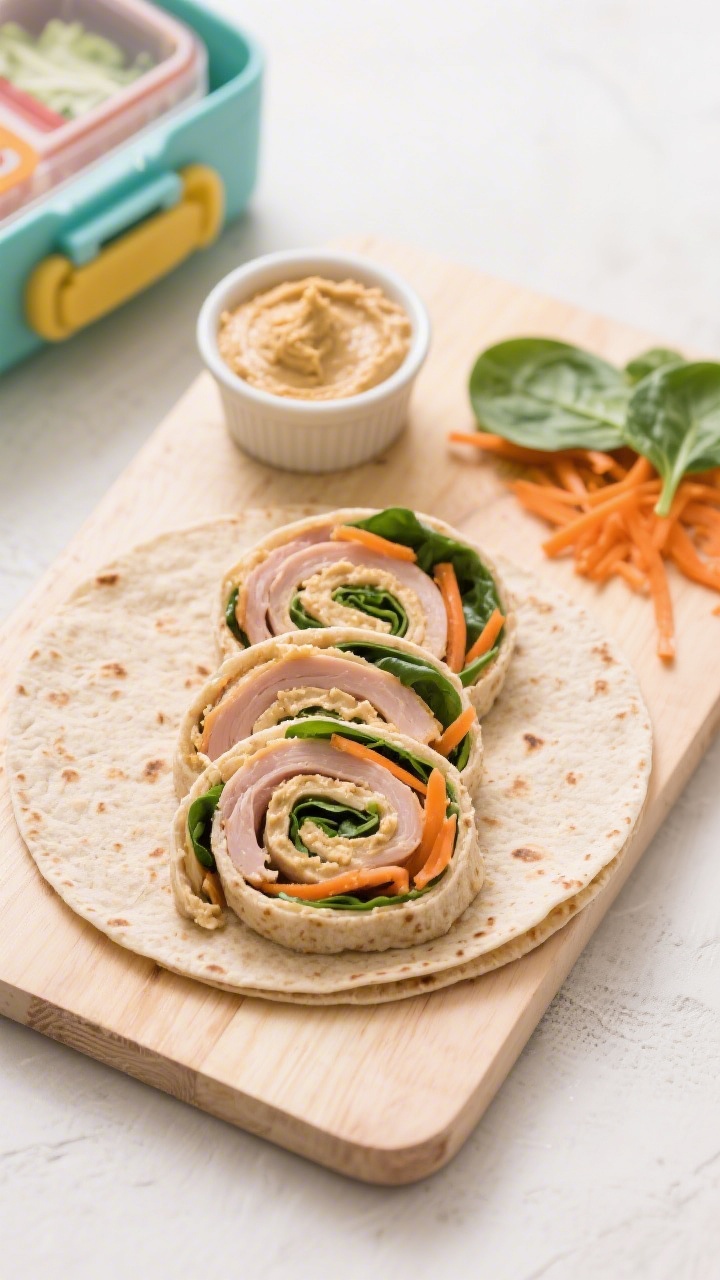 An overhead shot of Turkey & Hummus Pinwheel Power-Ups on a light wood board: whole-wheat tortillas spread with plain hummus, layered with sliced deli turkey, shredded carrots, and baby spinach, tightly rolled and sliced into neat pinwheels. Include a small ramekin of extra hummus, a scattering of shredded carrots and spinach leaves, and a kid-friendly lunchbox compartment in frame. Soft natural light, crisp textures, clean background, no people.