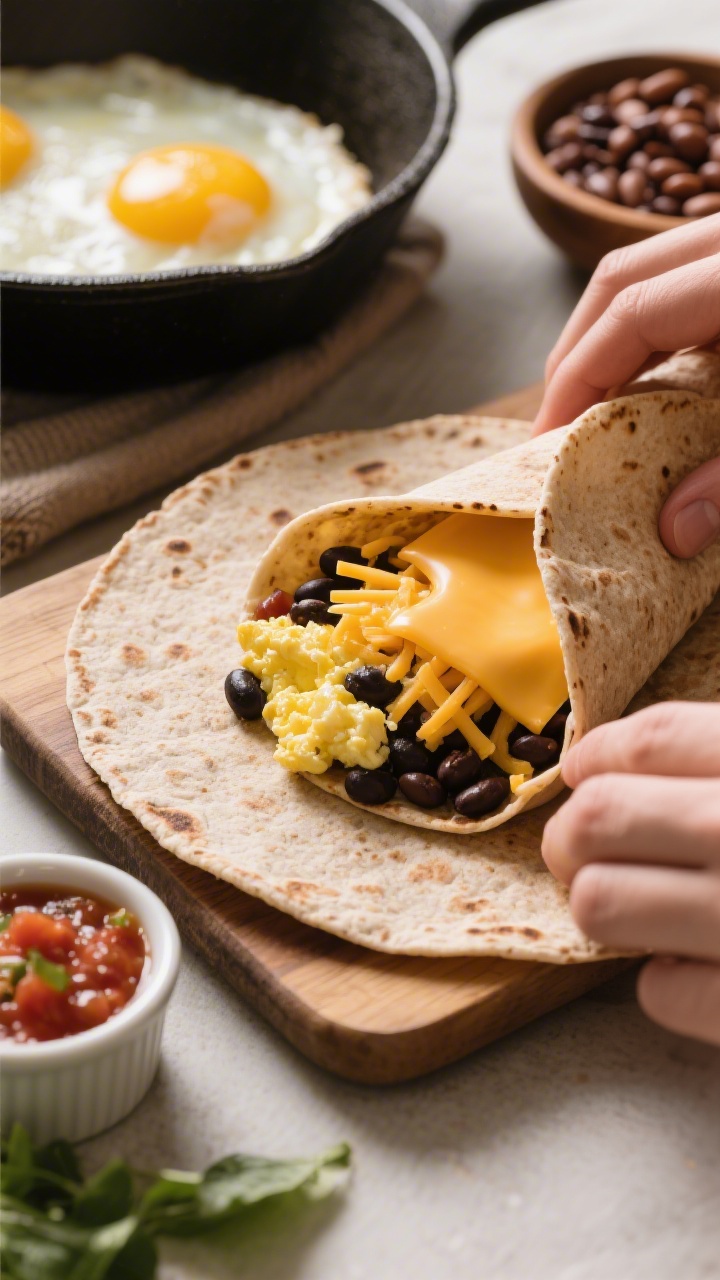 An overhead wrap-and-roll moment: a whole-wheat tortilla on a board being filled with soft scrambled eggs, black beans, and a generous sprinkle of shredded Monterey Jack and cheddar; a warm skillet with just-cooked eggs nearby, a small bowl of beans, and a ramekin of salsa ready to tuck in; cheese beginning to melt, edges of the tortilla about to fold; vibrant, cozy breakfast mood.