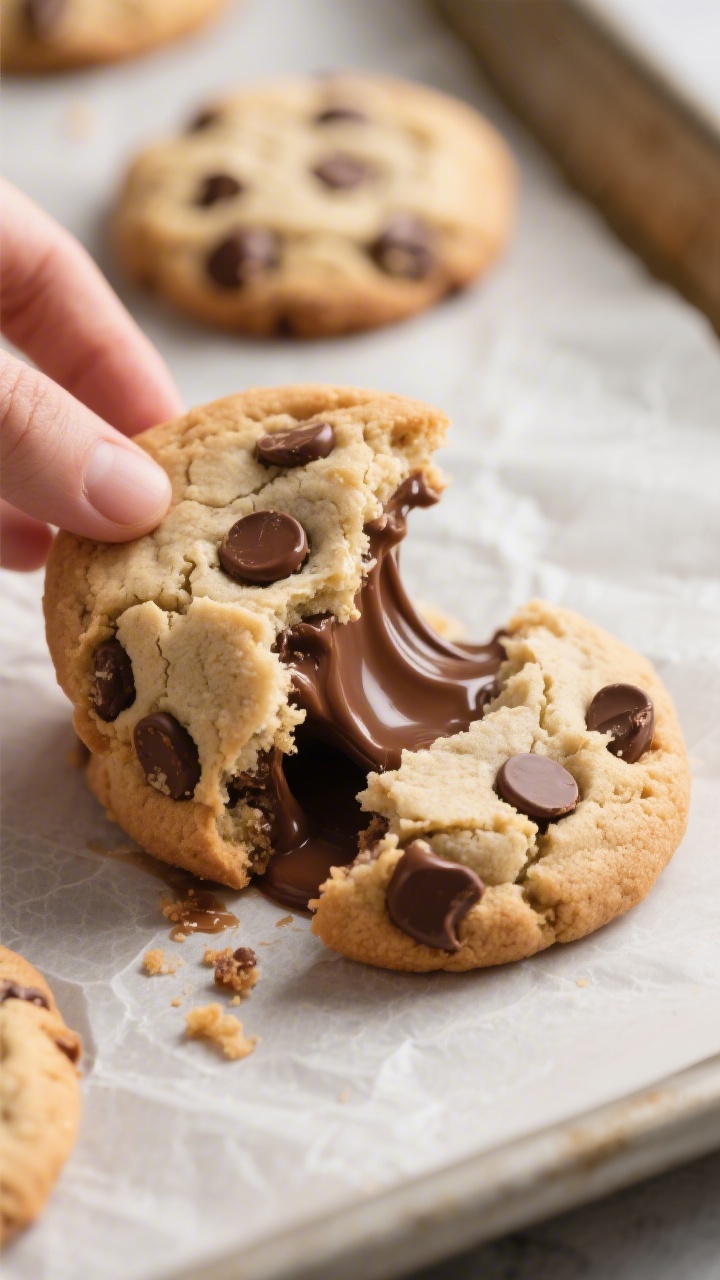 Close-up, 45-degree angle: Freshly baked Chocolate Chip Cloud Cookies with gooey, melty chocolate chips pulling into soft strands as a cookie is gently broken open; visible crackly top with pillowy, underbaked center; warm tones on a parchment-lined baking sheet. Style cues: unsalted butter richness, brown and granulated sugar caramel notes, vanilla aroma. Soft natural window light, shallow depth of field, matte neutral backdrop to emphasize the oozy texture.