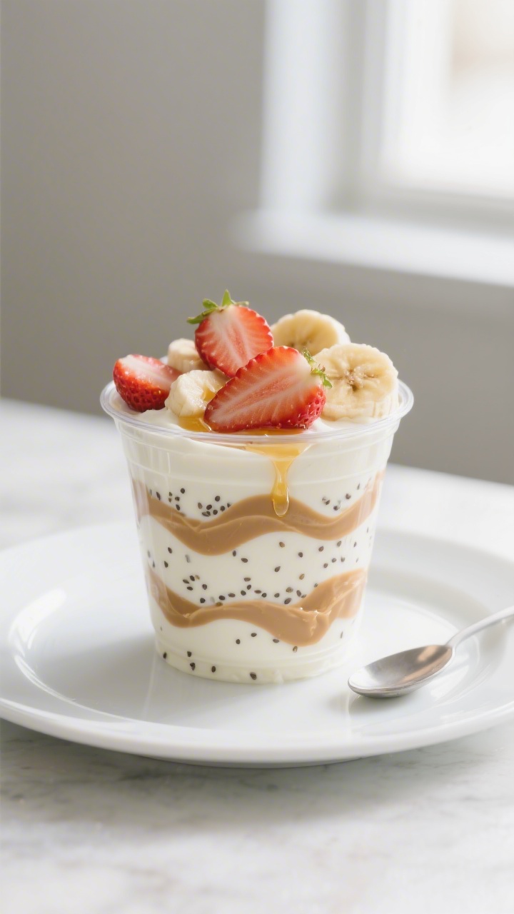 Close-up, 45-degree angle of a creamy Greek yogurt parfait layered in a clear toddler cup: thick whole-milk Greek yogurt swirled with smooth peanut butter, a hidden sprinkle of chia seeds adding subtle speckled texture, a gentle drizzle of honey, and a topping of quartered strawberries and sliced banana; clean white plate underneath with a tiny spoon, cool neutral background, natural window light highlighting gloss and creaminess.