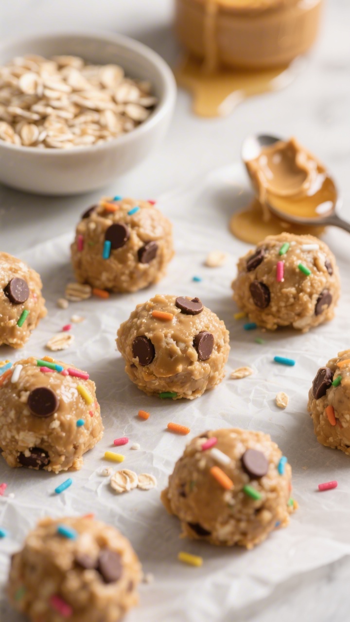 Close-up, 45-degree angle of no-bake confetti energy bites arranged on parchment: oat-and-peanut-butter dough studded with mini chocolate chips and rainbow sprinkles, honey sheen catching the light. A small bowl of quick oats, a spoon with creamy peanut butter, and a drizzle trail of honey in the background slightly blurred. Soft, warm tones that evoke cookie-dough indulgence, shallow depth of field for an appetizing, scoopable texture.