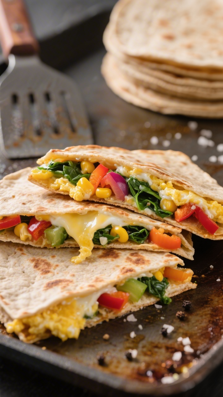 Close-up, 45-degree angle of rainbow veggie breakfast quesadillas sliced into wedges on a warm griddle: whole-wheat tortillas crisped in olive oil, oozy melted cheese, scrambled eggs bound with milk, and a colorful mix of sautéed peppers, spinach, and corn peeking from the seams; light sprinkle of salt and black pepper visible; a stack of additional tortillas and a spatula blurred in the background; vibrant, melty, irresistibly appetizing.