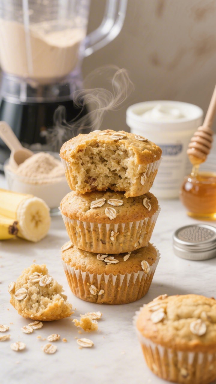 Close-up 45-degree hero shot for Banana Oat Protein Blender Muffins: a stack of golden, tender muffins with visible rolled oat flecks, one torn open to show moist crumb, ingredients subtly placed behind—a blender with banana smears, a scoop of vanilla protein powder, Greek yogurt tub, honey dipper, and baking powder tin, warm morning light, light steam hinting at freshness, minimal crumbs for appetizing realism.