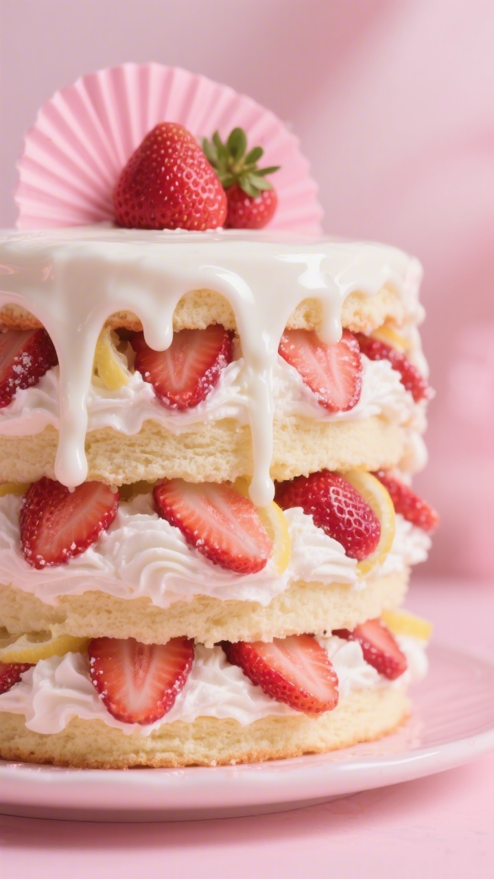Close-up 45-degree shot of a Barbiecore strawberry shortcake tower: three 8-inch vanilla cake layers stacked with generous clouds of whipped cream buttercream, thick ribbons of macerated strawberries (hulled slices tossed with sugar and lemon juice) visibly glistening and dripping; finished with a glossy white chocolate drip along the top edge and fresh strawberry fans on top; soft pink styling elements, minimal props, shallow depth of field to highlight juicy berries and creamy textures.