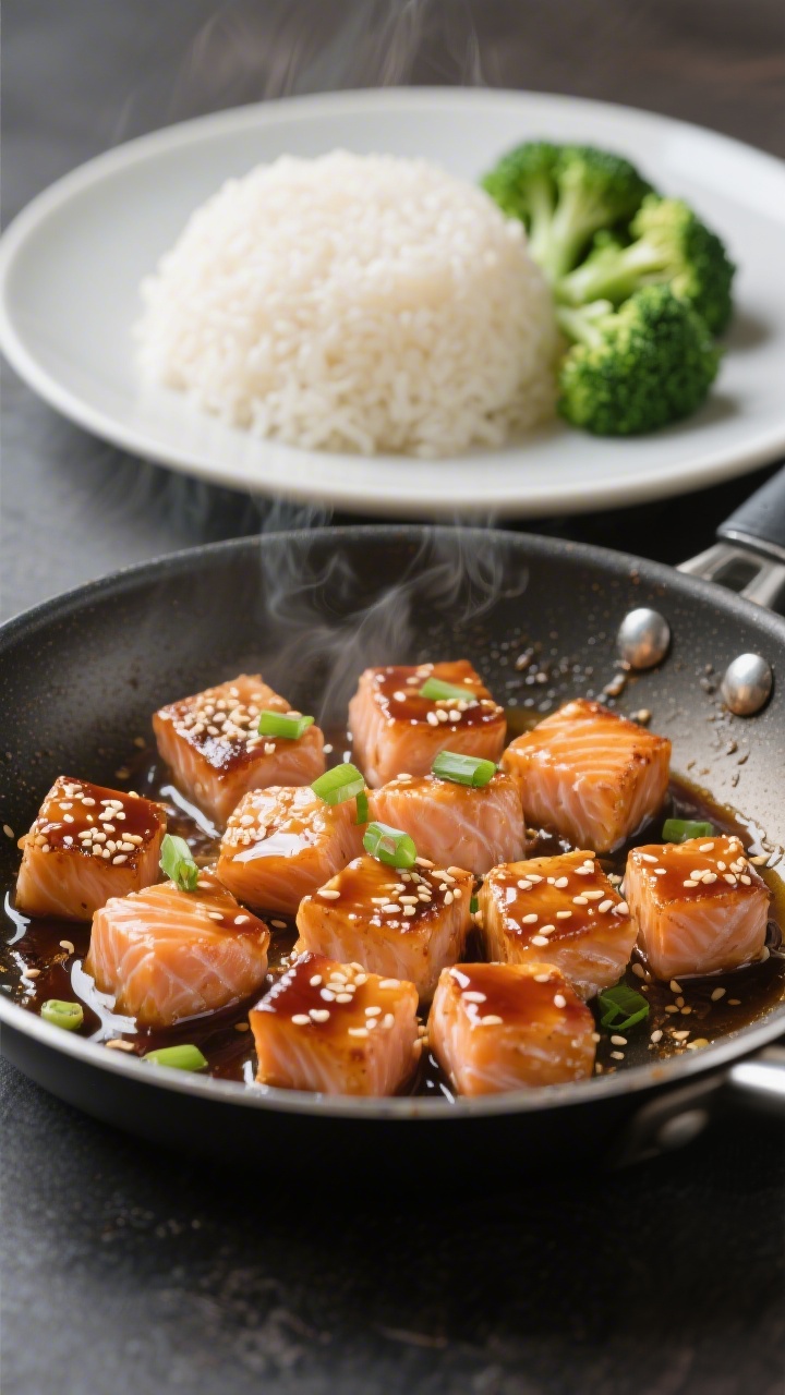 Close-up action shot of honey-garlic salmon bites sizzling in a glossy sauce in a nonstick skillet: 1-inch salmon cubes lacquered with a sticky glaze of low-sodium soy sauce, honey, a hint of brown sugar shine, and rice vinegar. Plate in the background features a neat mound of fluffy sticky rice and bright green broccoli florets; sesame seeds and finely sliced scallions sprinkled over salmon, gentle backlight to emphasize caramelization and sauce sheen, no hands, high contrast for appetizing pop.
