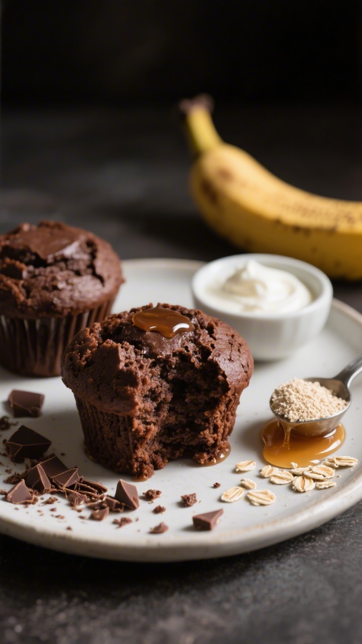 Close-up beauty shot of Chocolate Banana Protein Muffins, dark cocoa-leaning crumb with a moist interior, hints of mashed ripe banana; slight gloss from melted coconut oil, subtle chocolate crumble on the plate; supporting elements include a small bowl of plain Greek yogurt, a drizzle of maple syrup, oat flour in a scoop, and a split ripe banana; moody backdrop, directional side light to enhance chocolate texture.