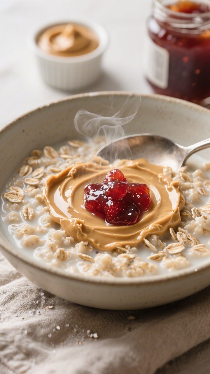 Close-up bowl of PB&J Oatmeal: creamy old-fashioned oats cooked in milk with a hint of salt, topped with a glossy swirl of natural peanut butter and a dollop of strawberry jam, light drizzle of maple syrup glistening; steam rising, spoon resting in the bowl showing thick, cozy texture; neutral ceramic bowl on a soft linen, with a small ramekin of peanut butter and jar of jam in the background; inviting, hearty, protein-packed feel.