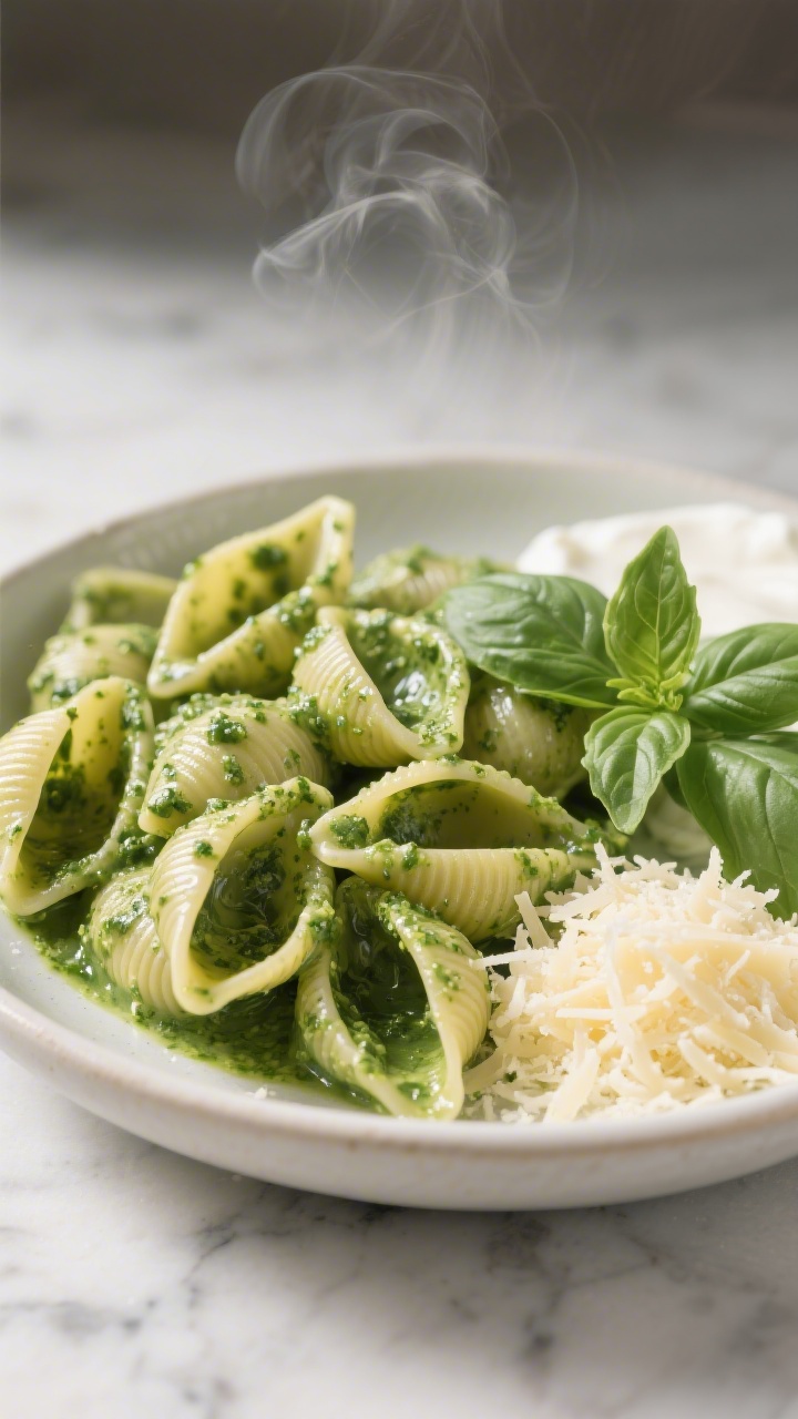 Close-up bowl shot of Hidden Greens Pesto Pasta Shells, the small shells glossy and coated in a creamy spinach-basil pesto made with grated Parmesan (or nutritional yeast) and plain Greek yogurt; vivid green color with flecks of basil and spinach visible in the sauce; a small mound of extra grated Parmesan on the side and a few fresh basil leaves as garnish; shallow depth of field, steam softly rising, set on a light marble surface for a fresh, wholesome vibe.