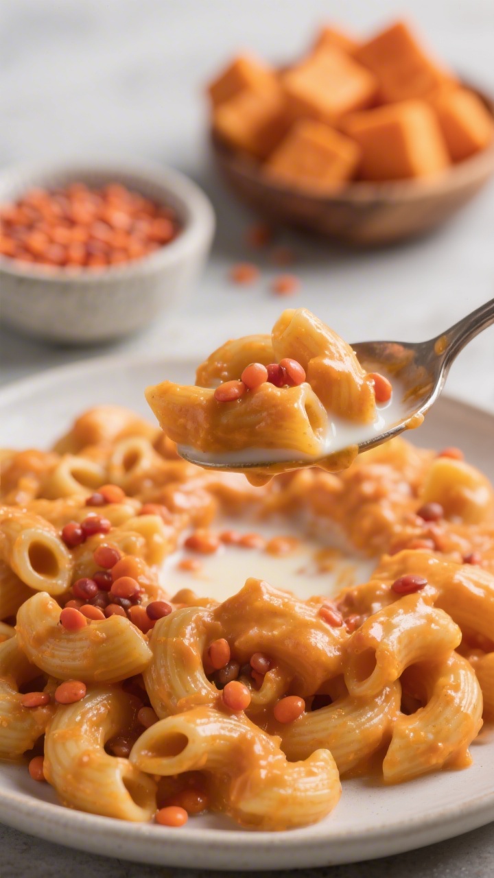 Close-up, creamy comfort-food shot of sweet potato mac with hidden red lentils: small elbows coated in a velvety orange sauce made from diced sweet potato and red lentils simmered in low-sodium broth and finished with milk; glossy, oozy texture with a spoon lifting a bite to showcase the sauce cling; a small bowl with uncooked red lentils and diced sweet potato cubes blurred in the background