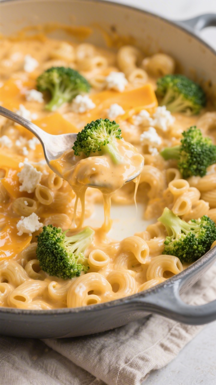 Close-up creamy pull shot of one-pot broccoli mac and cheese: elbow macaroni cloaked in a velvety sauce made from chicken broth, milk, and melted sharp cheddar blended with small-curd cottage cheese; tender bright-green broccoli florets peeking through; a spoon lifting to show the ultra-creamy sheen and cheese stretch, minimal garnish, served straight from a Dutch oven on a neutral linen, cozy and comforting mood
