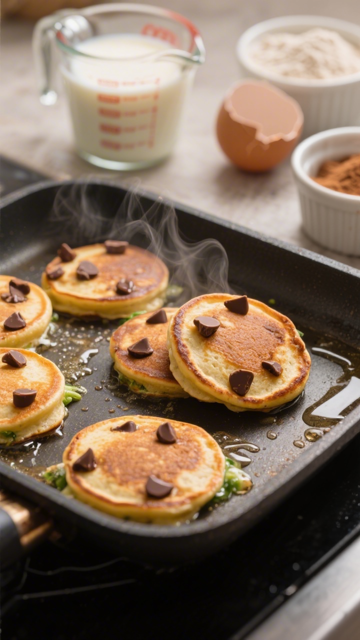 Close-up griddle action of Hidden Veggie Chocolate Chip Mini Pancakes: bite-size pancakes dotted with melty chocolate chips and a hint of cinnamon, edges bubbling and just turning golden; a measuring cup of milk, a cracked egg, white whole wheat flour and brown sugar in small ramekins at the frame edge; one mini pancake flipped to reveal an even, caramelized surface; warm, cozy tones, shallow depth of field highlighting texture and gooey chips, steam gently rising.