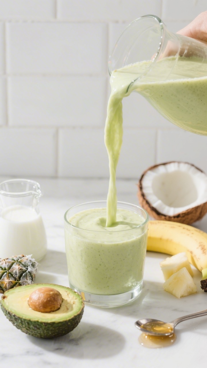 Close-up ingredient-to-glass transition for Avocado Pineapple Smoothie: ultra-creamy pale green smoothie being poured into a low, clear glass, capturing the thick ribboning texture; foreground details: half a ripe avocado with visible buttery flesh, frosty pineapple chunks, half a banana, a small pitcher of coconut milk, and a teaspoon with a glisten of honey or maple; tropical yet minimalist styling, clean white tile background, bright natural light, no people.