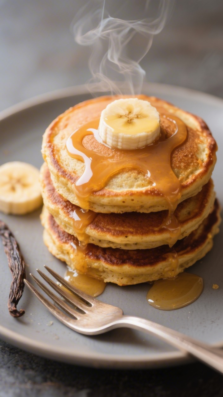Close-up macro shot of soft sweet potato pancakes stacked three high on a matte plate, tender crumb visible at the edges. A glossy banana-maple swirl drizzled over the top, with faint vanilla notes implied by a nearby vanilla pod and a pat of melted butter pooling slightly. Warm golden tones, subtle steam, and a fork resting beside the stack to invite a bite.