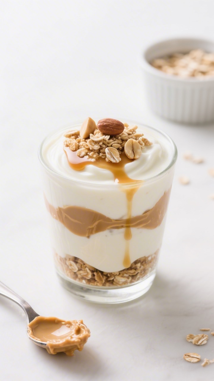 Close-up of a creamy Greek yogurt parfait layered in a toddler-friendly glass: full-fat plain Greek yogurt swirled with a touch of maple syrup, ripples of natural peanut butter, and a sprinkle of quick-oat “granola” crumbs with a few crushed peanuts on top; a tiny drizzle trail down the inside of the glass for gloss; background props include a spoon with peanut butter smudge and a ramekin of quick oats, cool white backdrop, shallow depth of field.