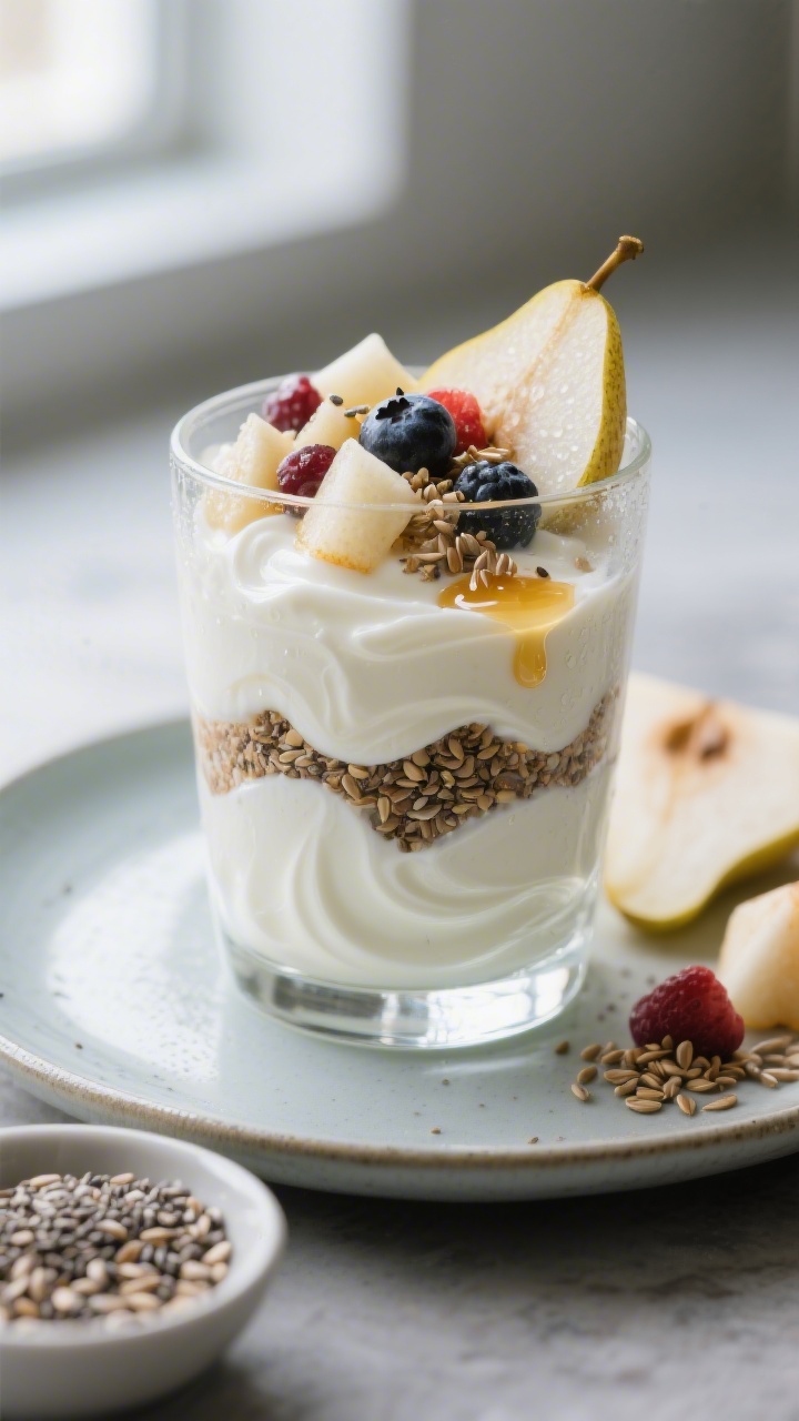 Close-up of a creamy yogurt parfait layered in a clear glass: thick whole-milk Greek yogurt swirled silky, topped with diced soft fruit (pear and mixed berries), and a crunchy sprinkle of ground flaxseed and chia seeds. A tiny drizzle of honey glistens on top (optional) with micro-condensation on the glass for freshness. Place extra fruit and a small dish of seeds nearby. Soft, diffused window light, cool-toned ceramic plate underneath, shallow depth of field to emphasize texture contrast: creamy, juicy, and crunchy.
