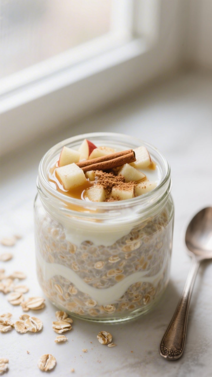 Close-up of apple pie overnight oats in a small glass jar, creamy oats swirled with yogurt and milk, dotted with finely chopped apple; light drizzle of maple syrup on top, a dusting of cinnamon, and a few rolled oats scattered; soft morning window light, spoon resting beside, showing a luscious, spoonable texture that looks great cold or warmed.